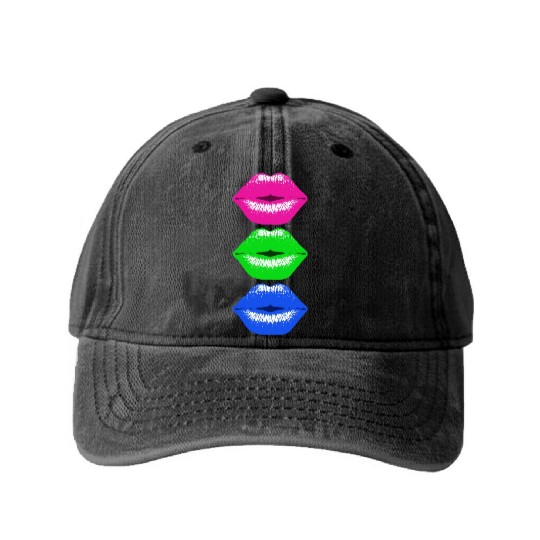 3 Kissing Lips Neon Colors Washed Denim Baseball Caps
