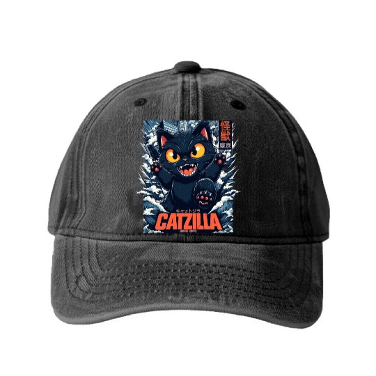 Kaiju Catzilla in Japan Tokyo Washed Denim Baseball Caps