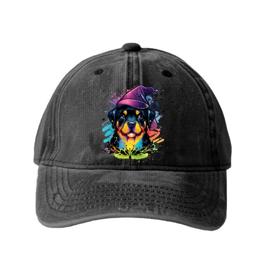 Colorful Kawaii Rottweiler Wizard Washed Denim Baseball Caps