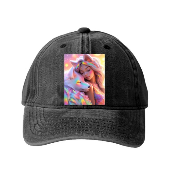 Rainbow Friends - White Wolf and Girl Washed Denim Baseball Caps