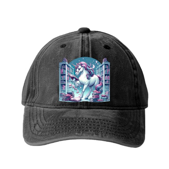 Unicorn Librarian in Enchanted Library Washed Denim Baseball Caps