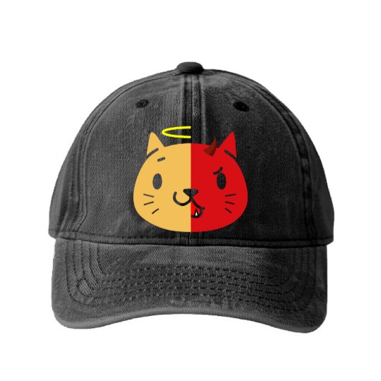 Two Face Cat Angel And Devil Washed Denim Baseball Caps