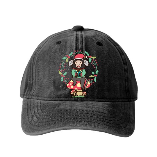 Marmoset Monkey On Mushroom Christmas Wreath Washed Denim Baseball Caps