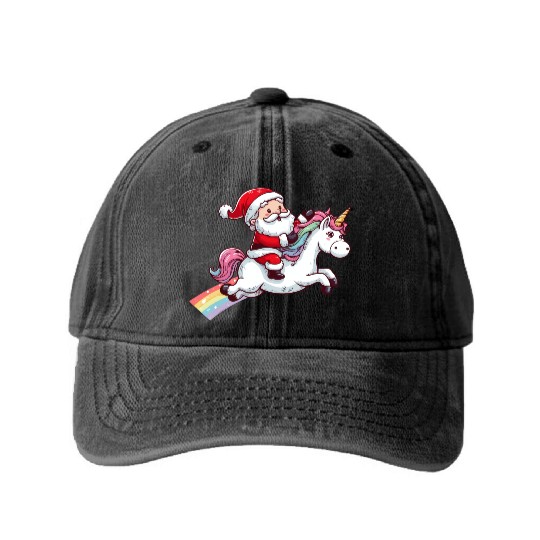 Santa Riding Unicorn Washed Denim Baseball Caps