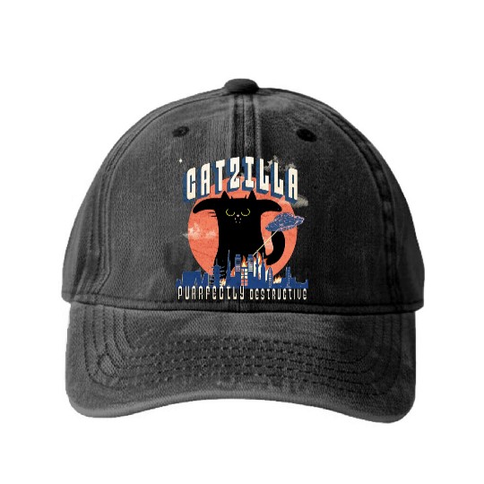 Catzilla king of cats,movie parody Washed Denim Baseball Caps