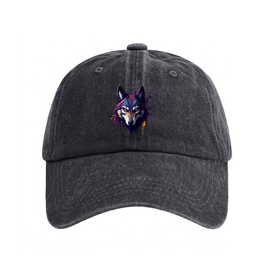Wolf with paint splatters on it's face Washed Denim Baseball Caps
