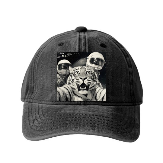 Funny Graphic Washed Denim Baseball Caps Tiger Selfie with Alien UFOs