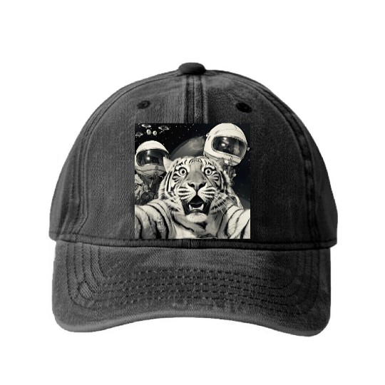 Funny Graphic Washed Denim Baseball Caps Tiger Selfie with Alien UFOs