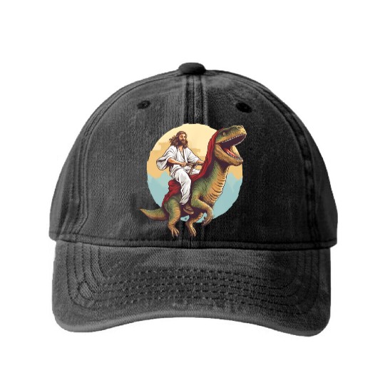 Jesus Riding a Dinosaur Meme Dino Lover Washed Denim Baseball Caps