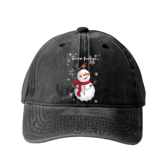 Winter Buddies snowman and bird Washed Denim Baseball Caps