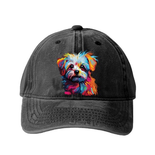 Watercolor Colorful Maltese Washed Denim Baseball Caps