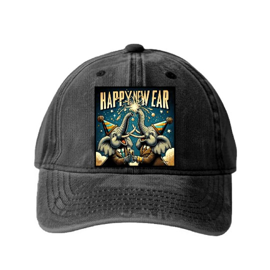 New Year's Eve Elephant Cheers with Champagne Washed Denim Baseball Caps