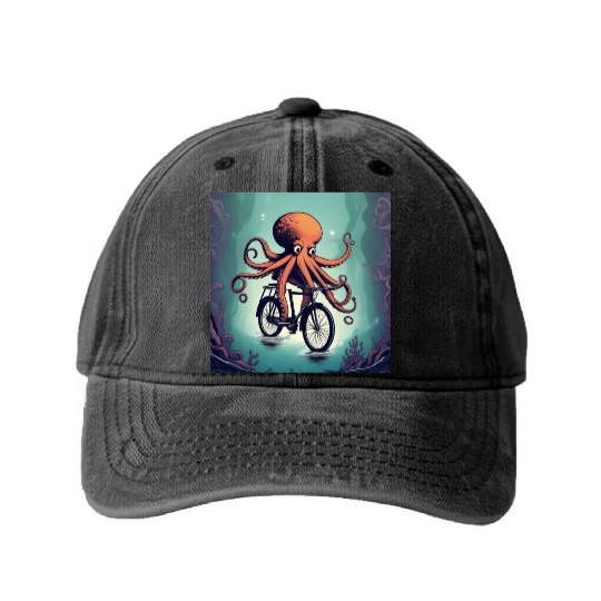 A weird octopus riding a bicycle Washed Denim Baseball Caps