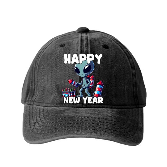 Festive alien with New Year greetings Washed Denim Baseball Caps