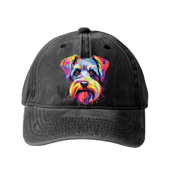 Watercolor Colorful Miniature Schnauzer Washed Denim Baseball Caps