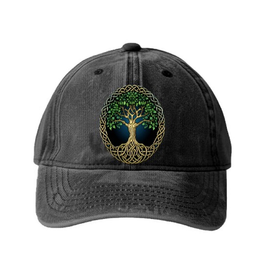 St Patricks Day Celtic Knot Tree Irish Gaelic Washed Denim Baseball Caps