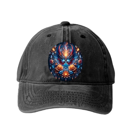 Phoenix Rebirth in Cosmic Bloom Washed Denim Baseball Caps