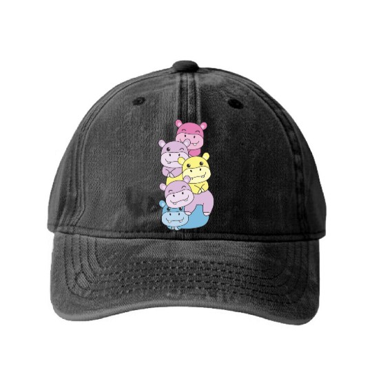 Aporagender Flag Pride Lgbtq Cute Hippo Washed Denim Baseball Caps