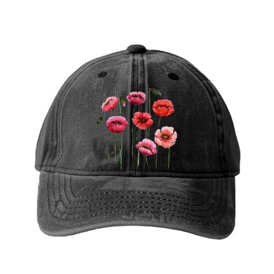 Poppies, spring bloomers, summer, flower, vintage. Washed Denim Baseball Caps