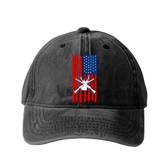 American flag deer hunting Washed Denim Baseball Caps