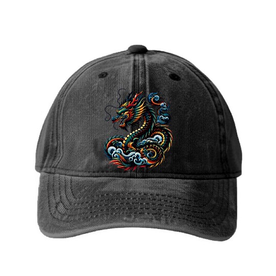 Colorful Dragon Zodiac Chinese Dragon Art Washed Denim Baseball Caps