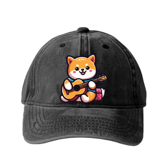Cute Shiba Inu Playing Guitar Geek Cartoon Washed Denim Baseball Caps