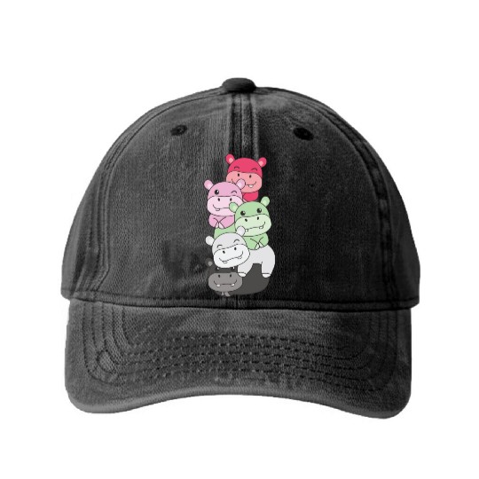 Recipromantic Flag Pride Lgbtq Cute Hippo Washed Denim Baseball Caps