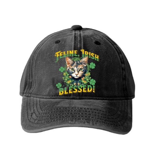 FELINE IRISH BLESSED Feline Kitty Design Washed Denim Baseball Caps