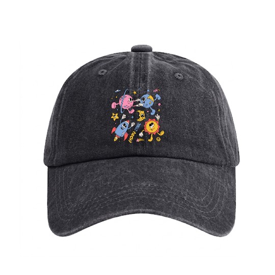 Solar System Planets Moon Sun Saturn Cute Groovy Washed Denim Baseball Caps