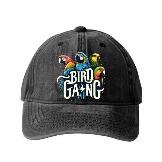 Bird Gang Parrot Funny Birder Flock Owner Macaw Washed Denim Baseball Caps