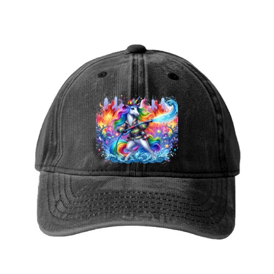 Funny unicorn as a firefighter for a little Washed Denim Baseball Caps