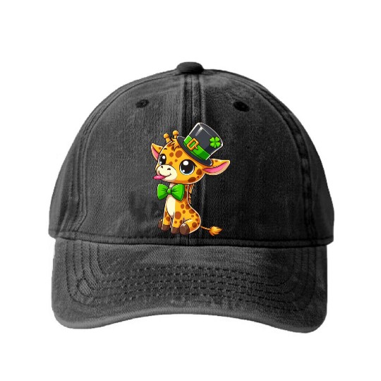 St. Patrick's Day Giraffe: Cute Kawaii Style Washed Denim Baseball Caps