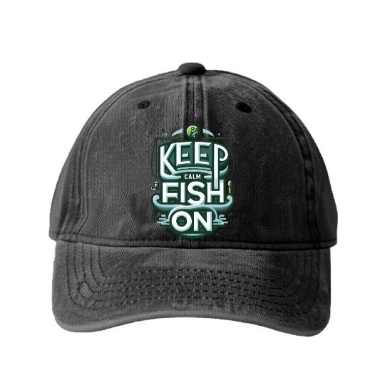 Relaxing 'Keep Calm and Fish On' Angler Design Washed Denim Baseball Caps
