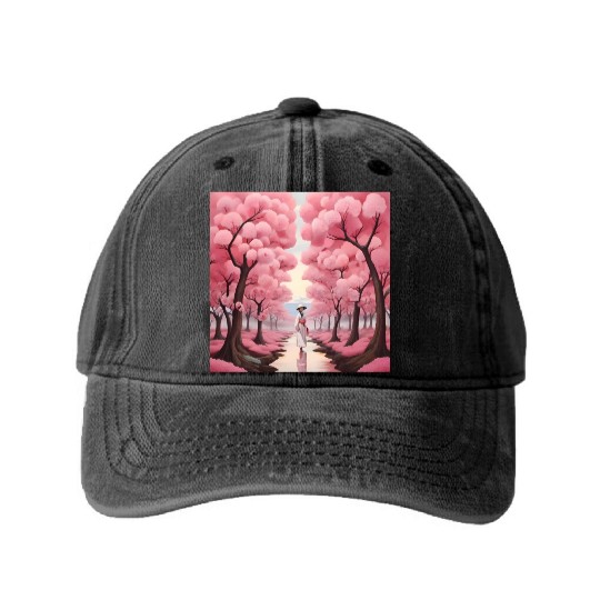 Japanese style art with cherry blossom festival Washed Denim Baseball Caps