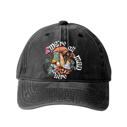 We're all Mad Here - Alice in Wonderland inspired Washed Denim Baseball Caps