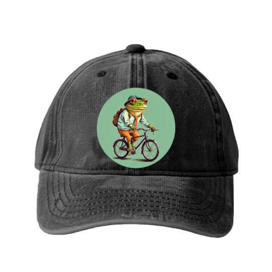 Frog Riding Bike Washed Denim Baseball Caps