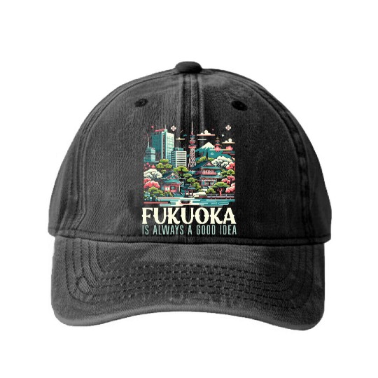 Fukuoka Japan Country Travel Vacation Japanese Washed Denim Baseball Caps