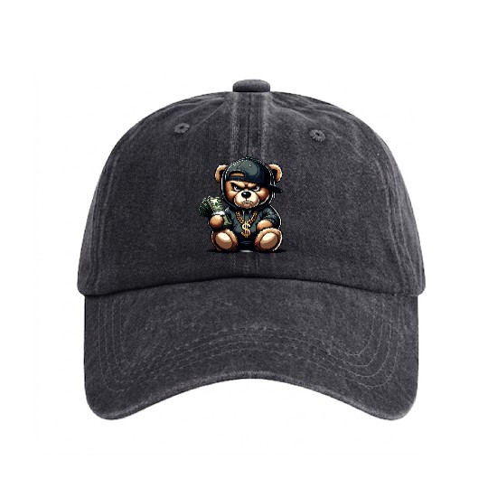streetwise teddy bear with money Washed Denim Baseball Caps