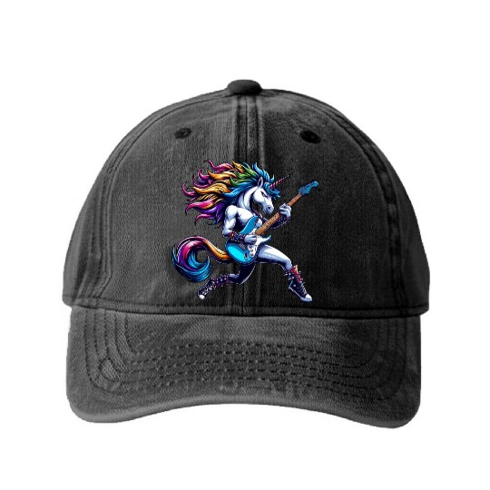 Unicorn Rock and Roll Bass & Guitar Washed Denim Baseball Caps