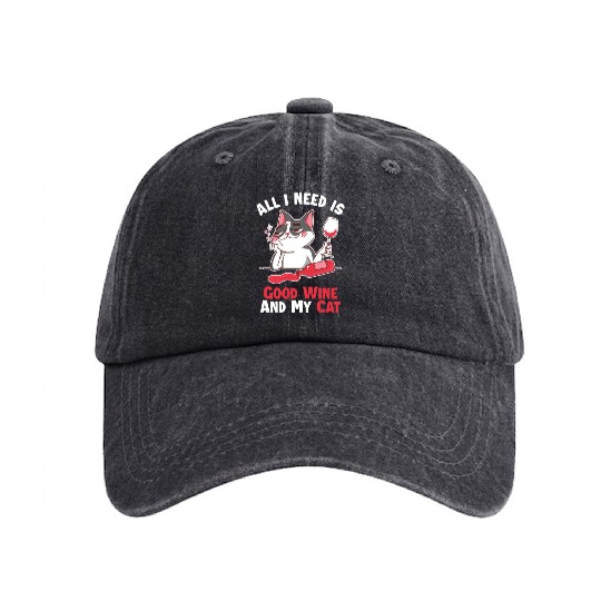 Good Wine and my Cat Cat Mom Cat Lovers Cat Daddy Washed Denim Baseball Caps