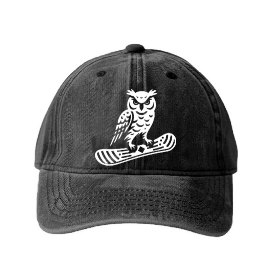 Minimalist Design: Owl Snowboarder Silhouette Washed Denim Baseball Caps