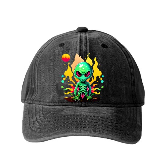 Green Alien Design Washed Denim Baseball Caps