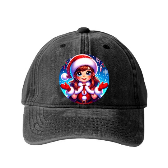 Santa Claus Girl Illustration Funny Christmas Washed Denim Baseball Caps