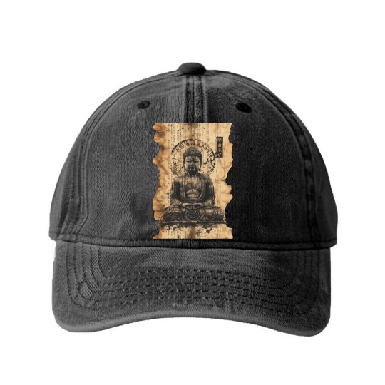 Vintage Papyrus Scroll Japanese Silhouette Buddha Washed Denim Baseball Caps