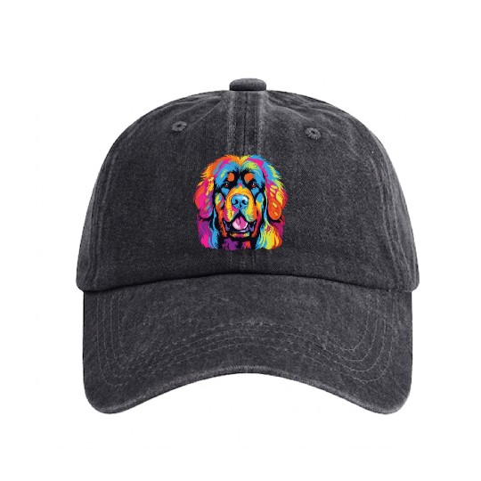 Watercolor Colorful Tibetan Mastiff Washed Denim Baseball Caps