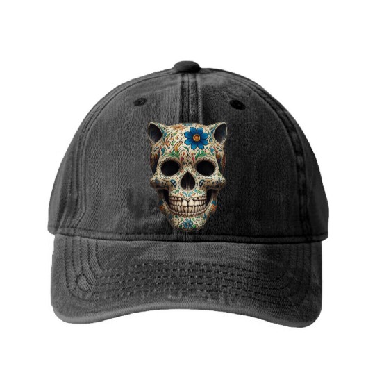 Talavera cat skull Washed Denim Baseball Caps