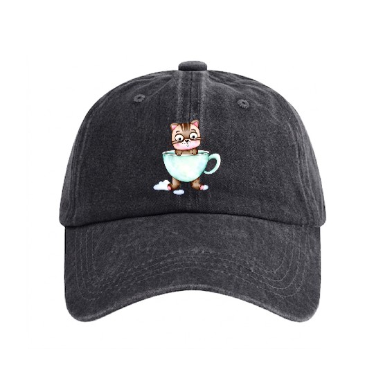 Surprised Silly Cat Wearing Coffee Cup Washed Denim Baseball Caps