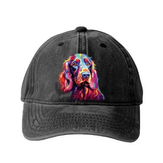 Watercolor Colorful Irish Setter Washed Denim Baseball Caps