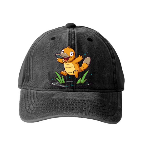 Whimsical Platypus Frolicking in a Pond Washed Denim Baseball Caps