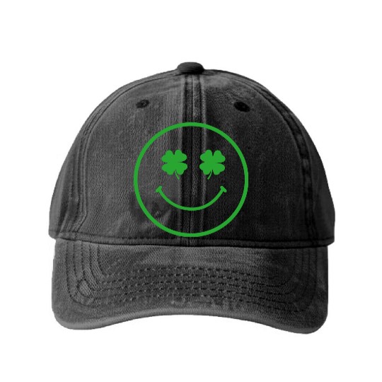 Green shamrock happy face Washed Denim Baseball Caps